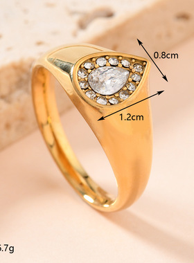 欧美宫廷风钛钢水滴彩钻戒指