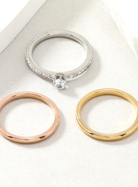 跨境不锈钢情侣钛钢戒指三色锆石