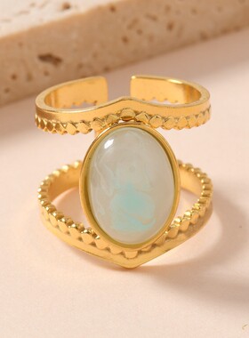 宫廷复古双线椭圆彩石开口戒