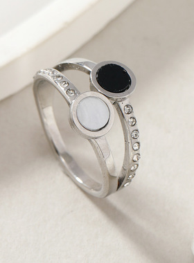 跨境轻奢钛钢双排镶钻贝壳戒