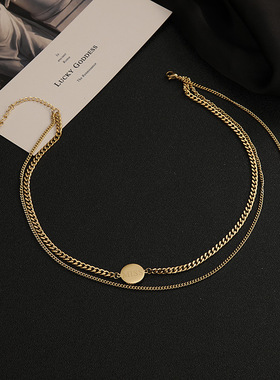 新款钛钢女项链金色流苏M字母