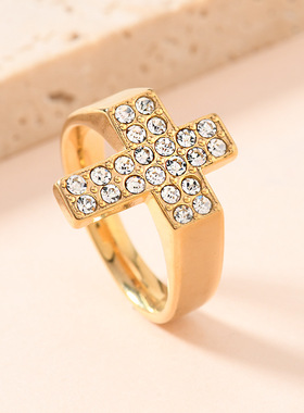 跨境不锈钢嘻哈朋克镶钻十字架戒