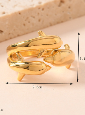 小众金色三头海豚戒指