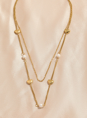 跨境热销双层珍珠爱心项链