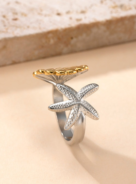 跨境时尚不锈钢镀金树叶开口戒