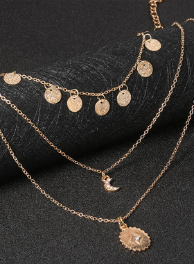 波西米亚新款时尚个性镶钻月亮太阳小圆片吊坠多层项链配饰首饰