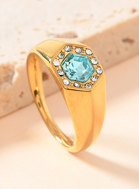 跨境时尚六边形彩钻钛钢戒指