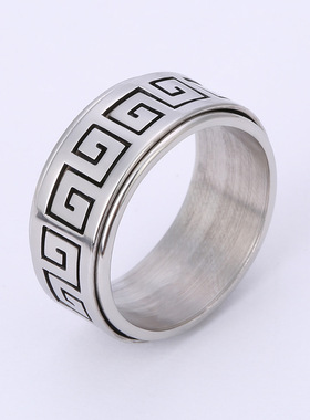 跨境简约长城纹可转动钛钢戒指