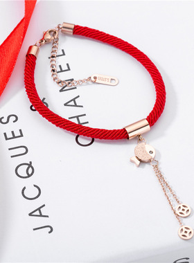 创意小丑鱼红绳手链女钛钢铜钱