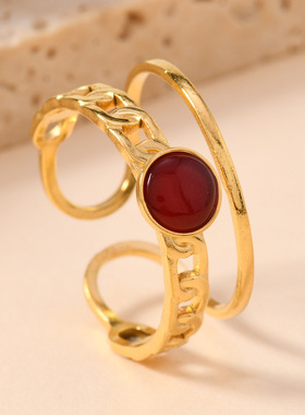 跨境热卖天然石不锈钢戒指