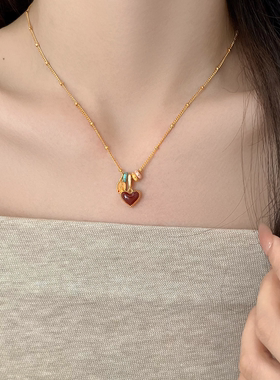 红色双面爱心复古简约锁骨链女