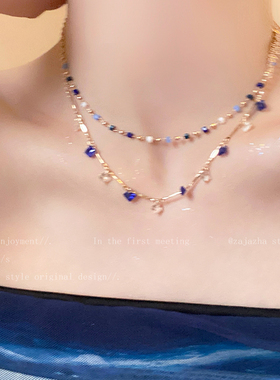 双层彩色水晶串珠项链2025新款爆款设计小众锁骨链高级choker颈链