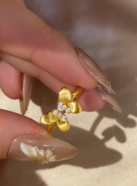 轻奢金色拉丝闪钻蝴蝶开口戒指
