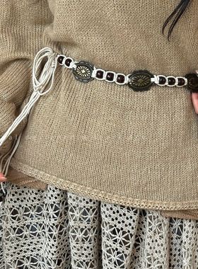 民族风棕色编织串珠腰链女复古