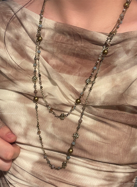 复古做旧串珠花长款项链民族风设计百搭毛衣链锁骨链高级小众项链