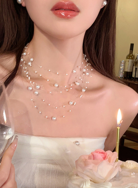 脖子上的白月光_多层珠珠项链法式高级感百搭女锁骨链鱼线毛衣链
