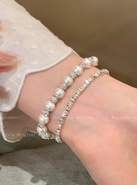 日韩碎银子猫眼石珍珠串珠手链