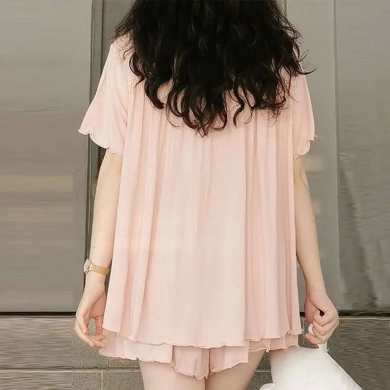 Women Frech Style Pajamas Set Female Solid Ruffles Short Sle