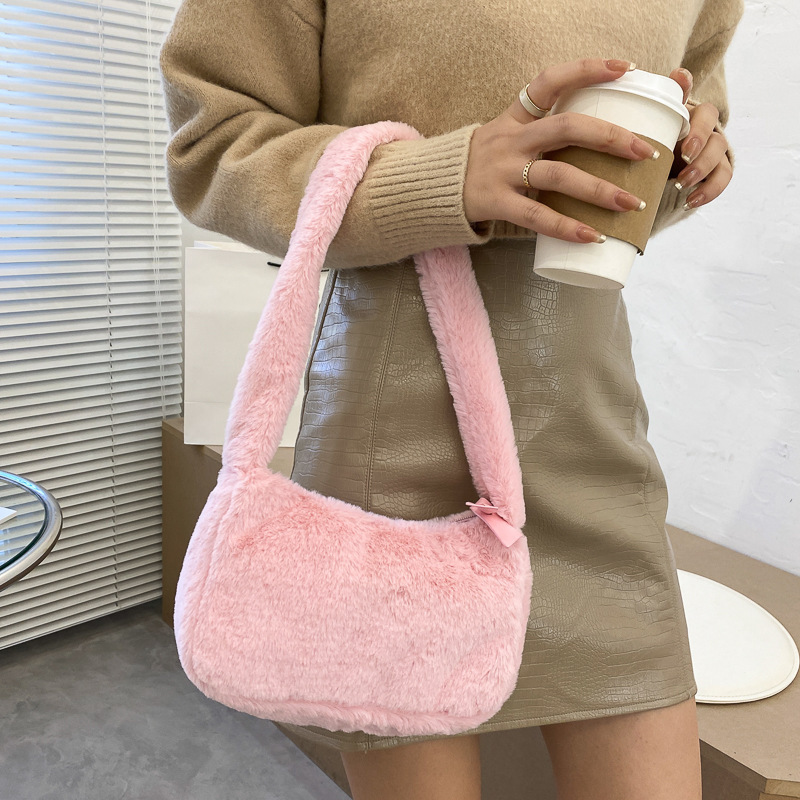 Simple Design Women Soft Plush Hobos Shoulder Bags Winter Fu-图3