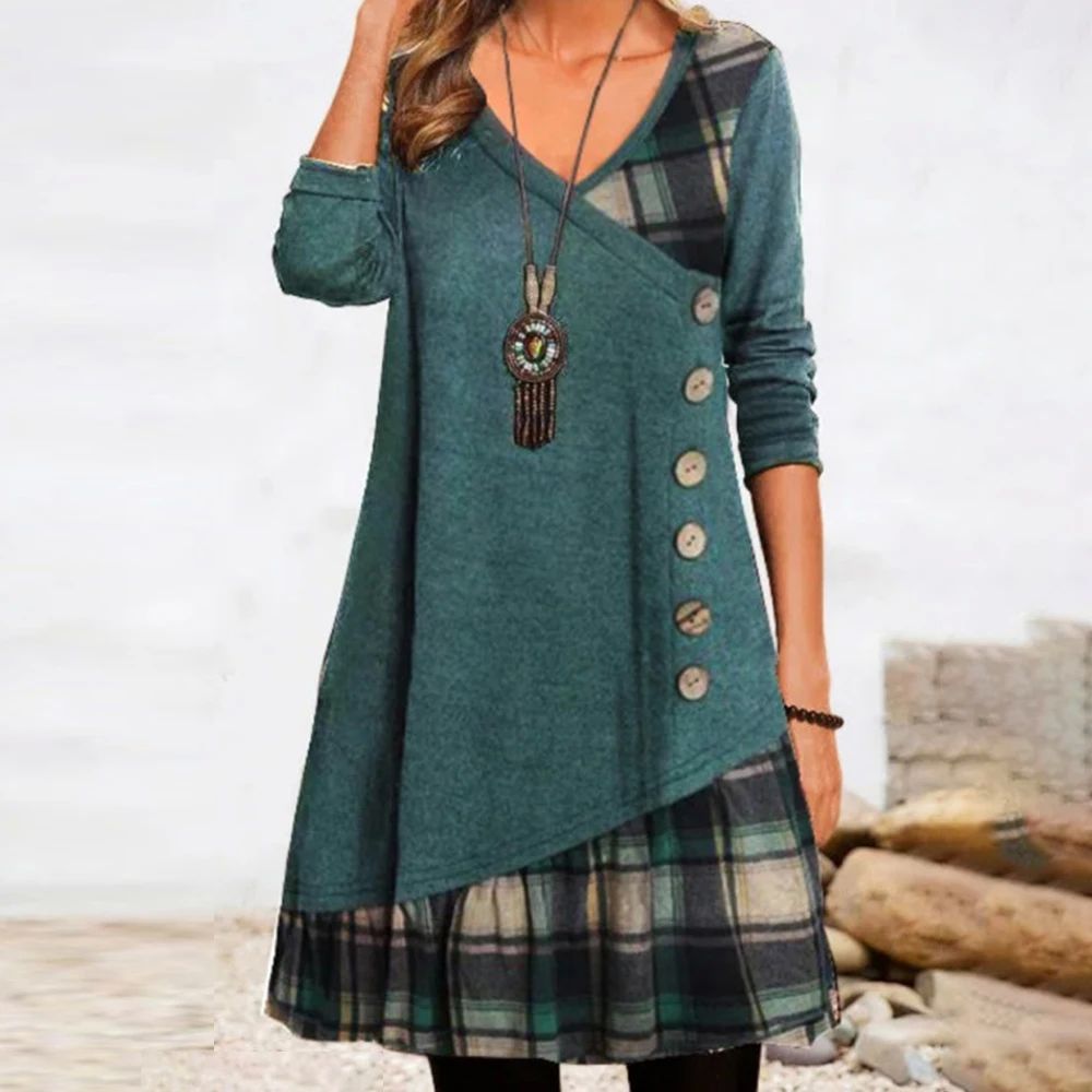 Women's Long Sleeve Button Check Patchwork Dress Ladies V Ne - 图0