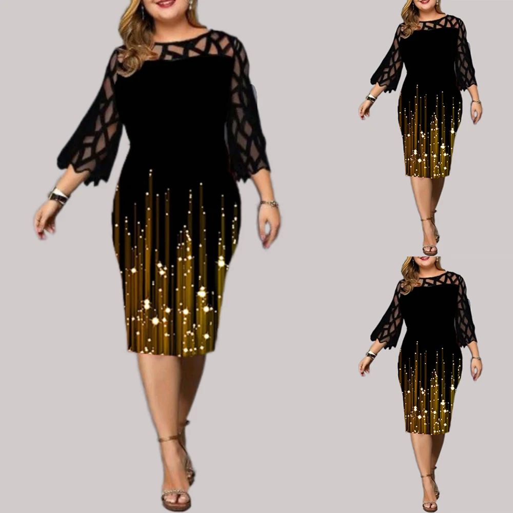 Women Plus Size Dress Hollow Out Lace Stitching Slim Hips Wr