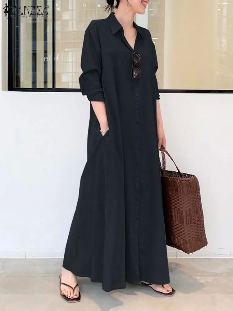 2023 Autumn Women Lapel Neck Long Sleeve Sundress Kaftan So-图2