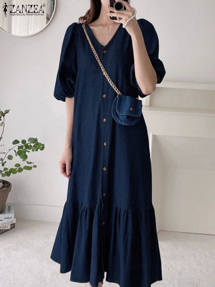 Women Denim Blue Robes Longue  Oversized Fashion Summer Puff - 图2