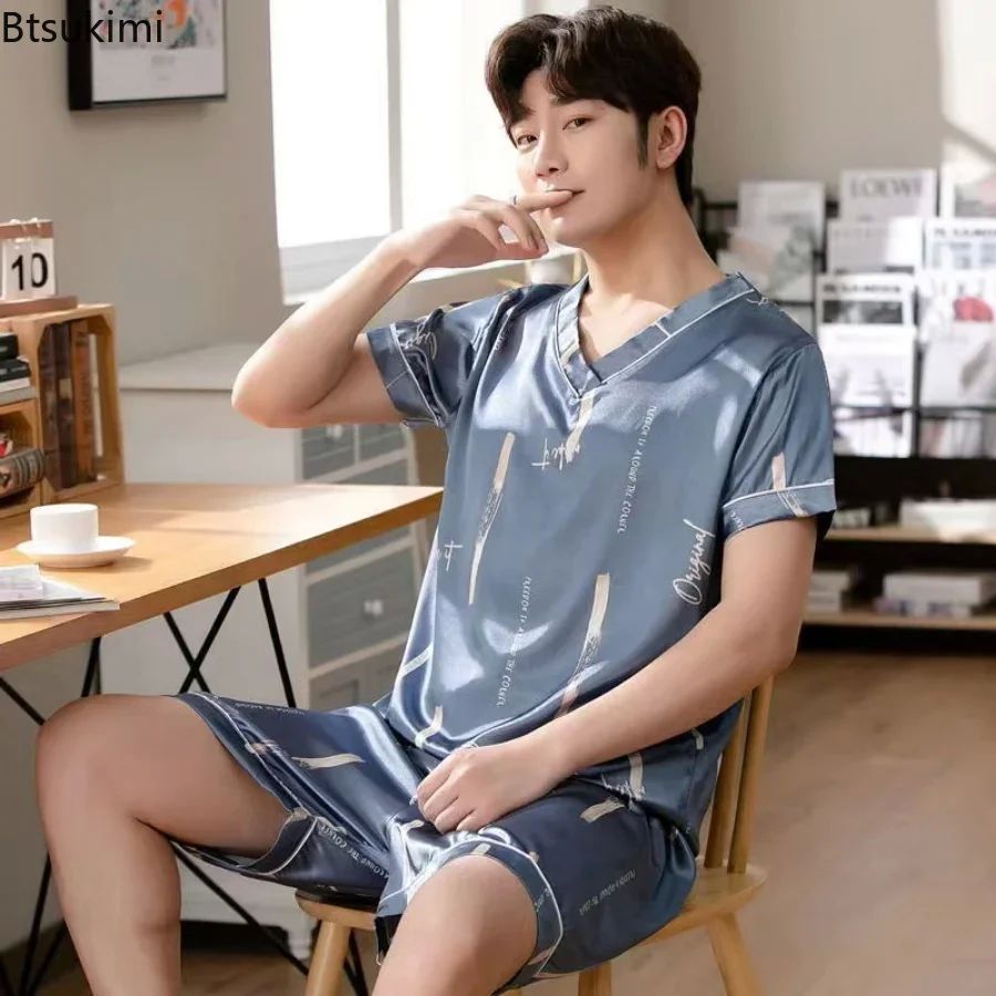 2024Men's Pajamas Short Sleeved Summer Ice Silk Home Clothin - 图0