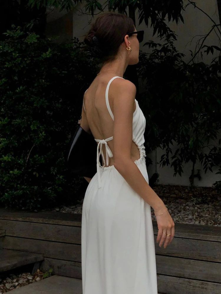 064 White Midi Backless Summer Dress Waist Drape Halter Beac - 图0