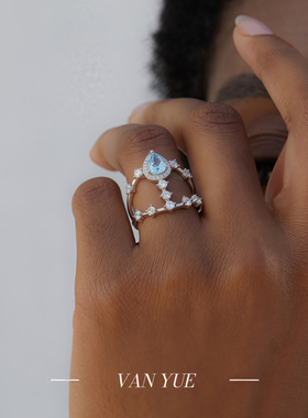 S925银天然托帕石超仙戒指双排指环手工镶嵌高雅轻奢珠宝首饰礼物