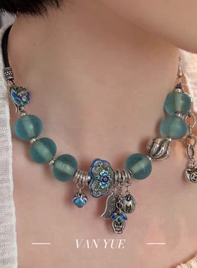 S925蓝色琉璃珐琅滴胶蝙蝠扣如意锁草莓手链