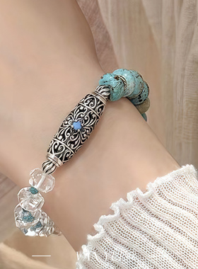 S925绿松石白水晶嵌花纹镂空松石镶嵌十字杵杵九宫手串