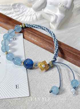 S925银天然海蓝宝水晶手绳女串珠蓝晶石流苏小众设计送朋友