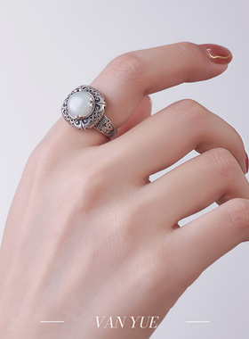 S925银复古和田玉开口戒指吊坠耳钉女轻奢时尚个性雕花复古套组