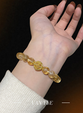 S925纯银夏季天然黄水晶手串闪锆隔珠白水晶好运发财手饰闺蜜礼物