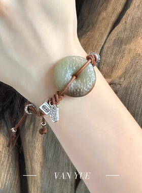 S925银六字真言珠吉言骰子扎基吊牌糖玉平安扣皮绳手链