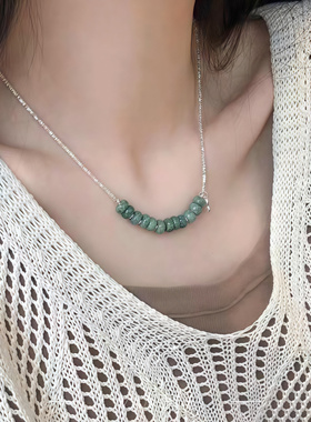 S925银翡翠算盘珠平安喜乐牌碎银项链女小众设计感锁骨链