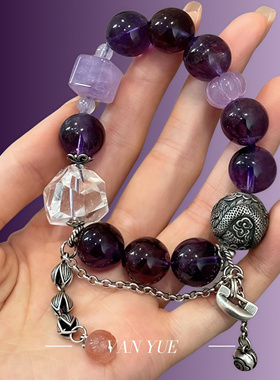 S925银紫水晶圆珠切面随型白水晶弹力手串手链女新中式设计手饰
