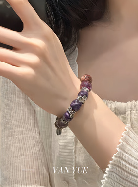 S925银紫水晶切面圆珠桶珠九分沉椅楠沉香弹力手串新中式小众设计