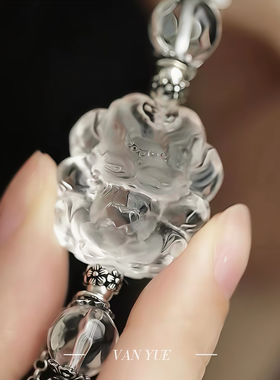 S925银白水晶雪花幽灵桃花金刚杵纹铜钱链蝴蝶链招财纳福流苏手链
