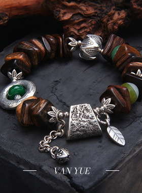 s925纯银天然檀香木玉石手链女款轻奢小众新中式个性饰品礼物