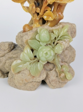 花开富贵牡丹封门红火四季精美天然竹叶青田石雕刻摆件纯手工真品