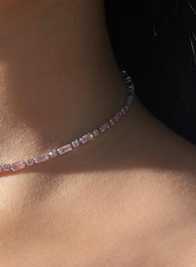 甜酷浪漫白粉色锆石项链女