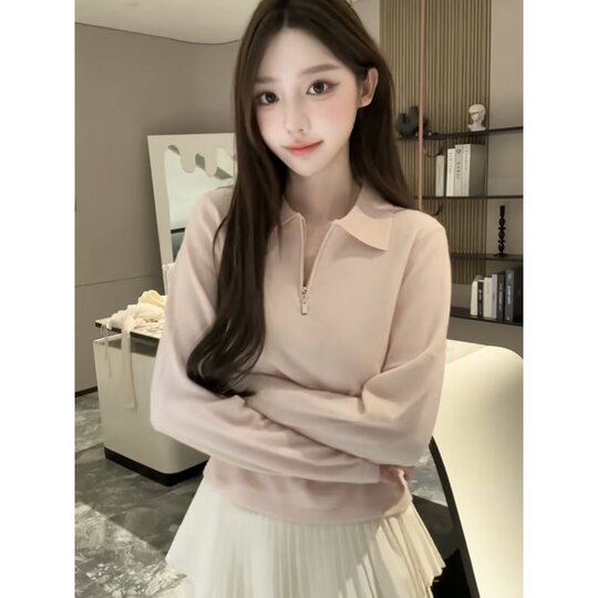 Yjy*pink is very authoritative* Cashmere zipper loose top + white girly pleated skirt suit