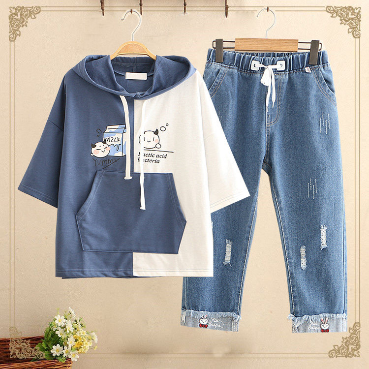 初中学生夏装女套装12-15岁13卫衣 紫贝壳少女学生装T恤