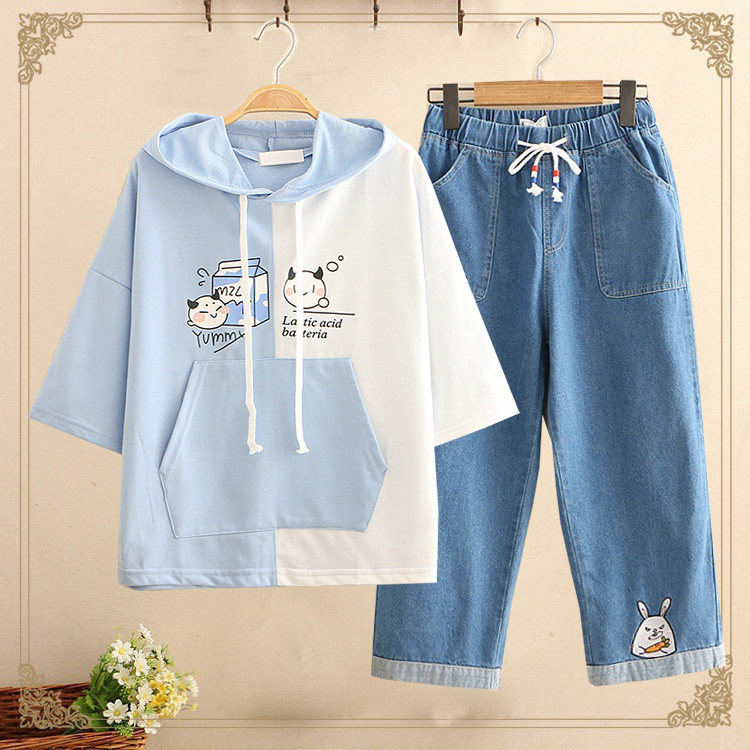 初中学生夏装女套装12-15岁13卫衣 紫贝壳少女学生装T恤