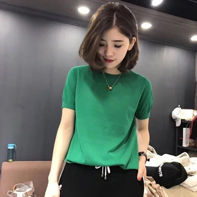 Knitted thin base shirt European goods 2024 summer ice silk half height round neck T-shirt short sleeved women's outerwear top trend