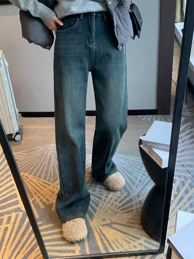 一条过冬CH保暖!复古蓝加厚绒直筒牛仔裤女高腰显瘦阔腿拖地长裤 - 图1