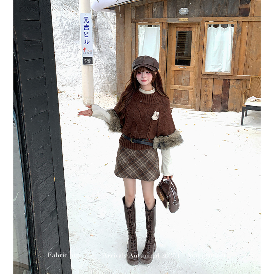 织物猪 榛果可可 秋冬复古美拉德斗篷毛衣套装女短裙打底衫三件套,淘宝优惠券,粉丝福利购,淘宝优惠卷