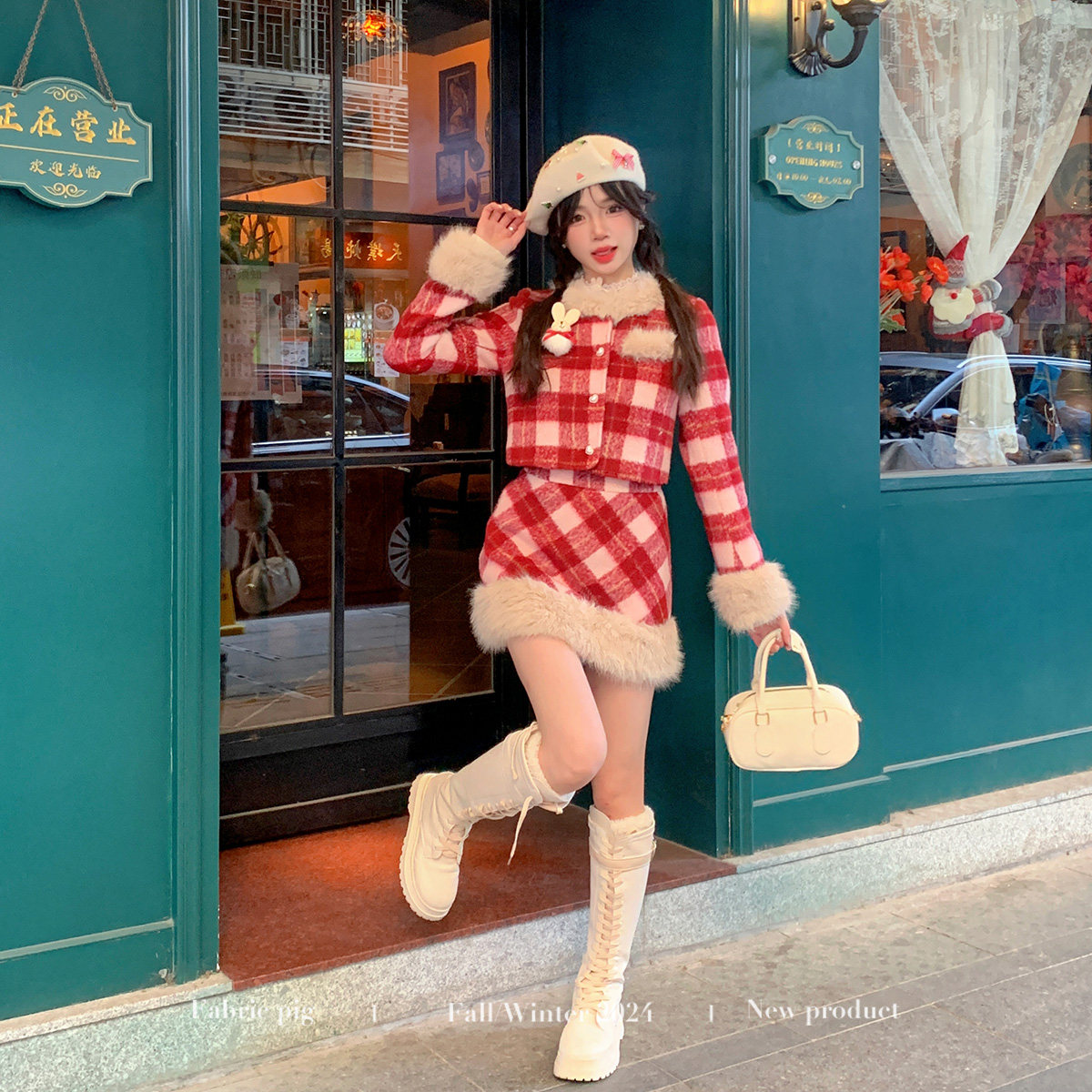 织物猪 新年晚宴 复古红色格纹毛呢套装女冬季夹棉加厚半裙两件套,淘宝优惠券,粉丝福利购,淘宝优惠卷